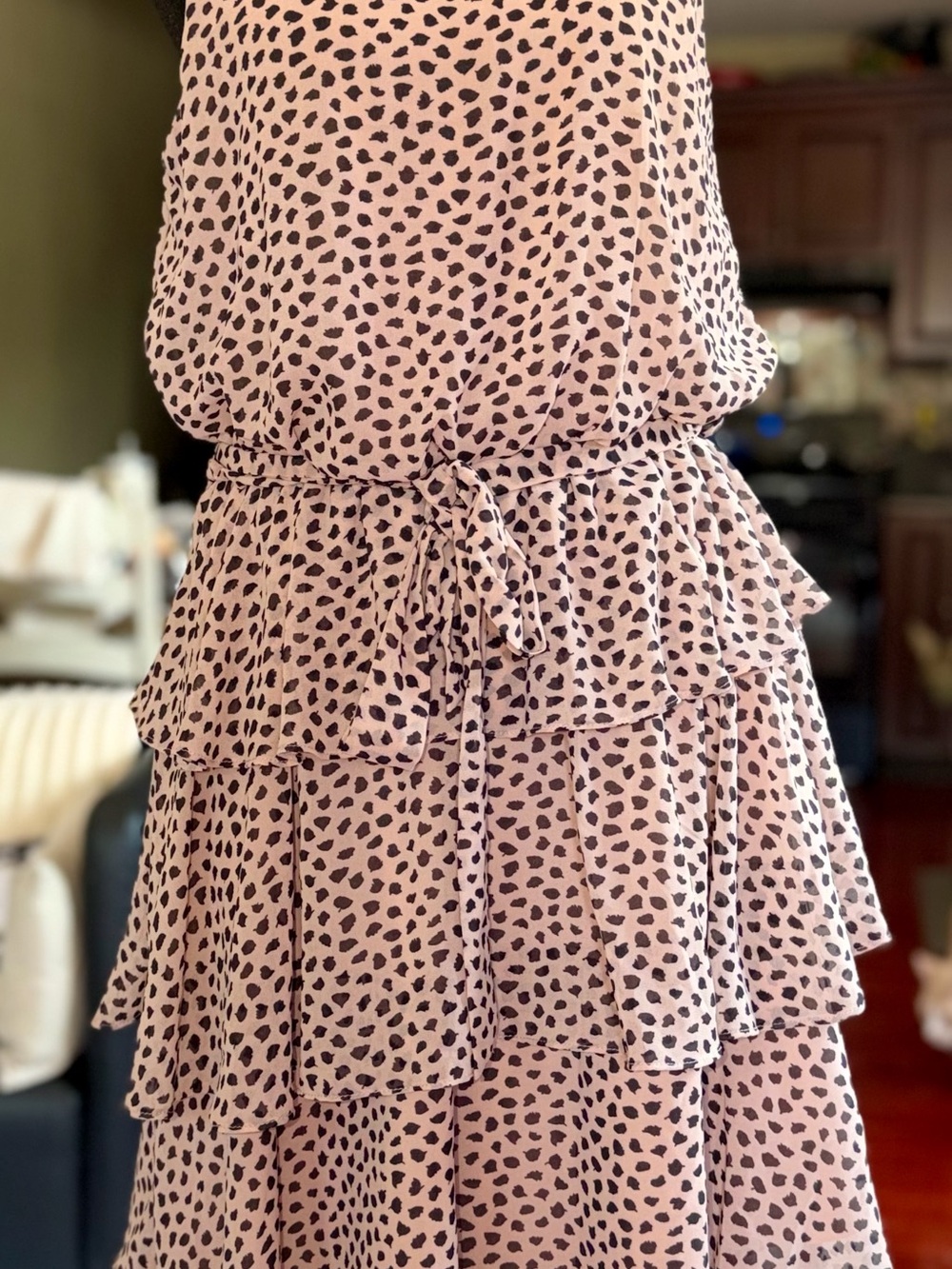 Pink Tiered Ruffle Dress with Black Spot Print